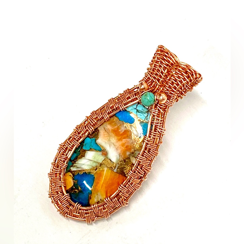 Handmade Spiny Oyster Turquoise & Pure Bare Cooper Hand Woven Statement Pendant